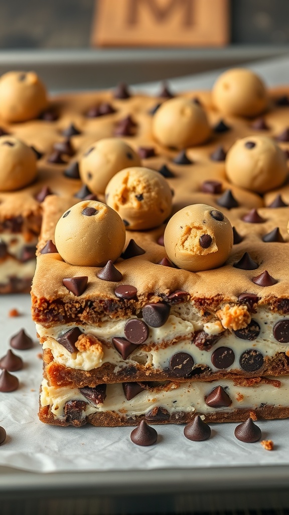 A delicious stack of chocolate chip cookie dough cheesecake brownies topped with cookie dough balls and chocolate chips.