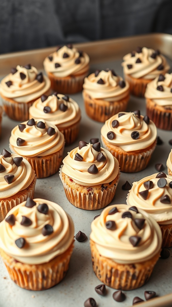 Chocolate chip cookie dough cupcakes with chocolate chips on top