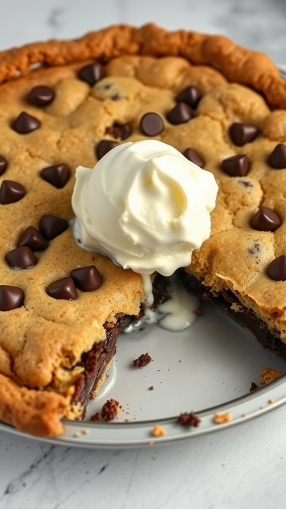 Chocolate chip cookie pie with ice cream on top