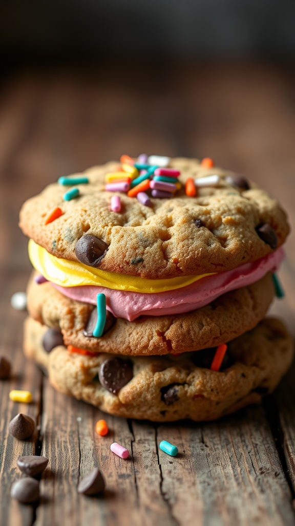 Chocolate chip cookie sandwiches with colorful buttercream filling and sprinkles.