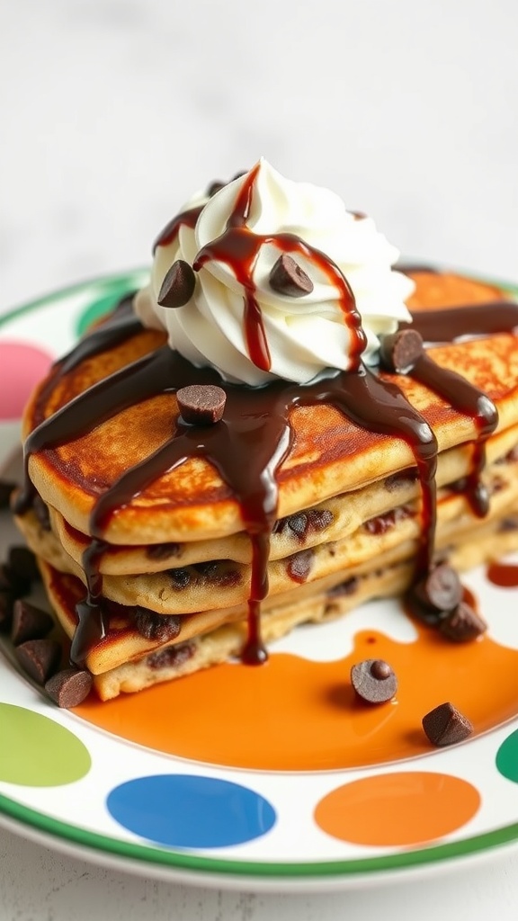 Fluffy chocolate chip German pancakes topped with whipped cream and chocolate syrup.