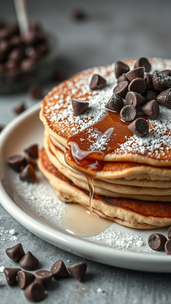 Stack of fluffy chocolate chip pancakes topped with syrup and chocolate chips