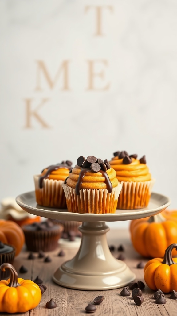Chocolate chip pumpkin cupcakes on a cake stand with mini pumpkins and chocolate chips scattered around.