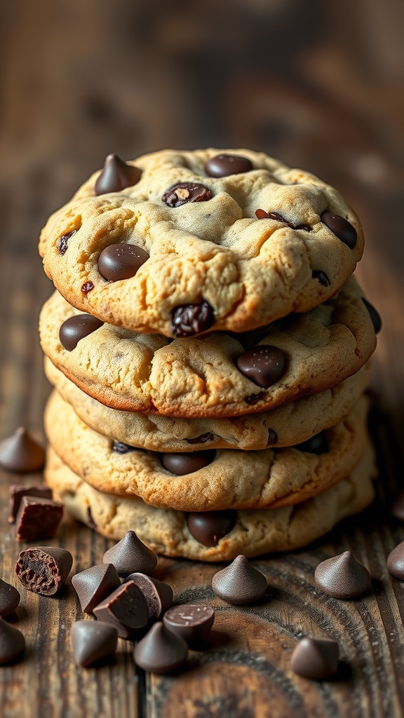 Delicious chocolate chip sugar cookies stacked on a wooden surface.