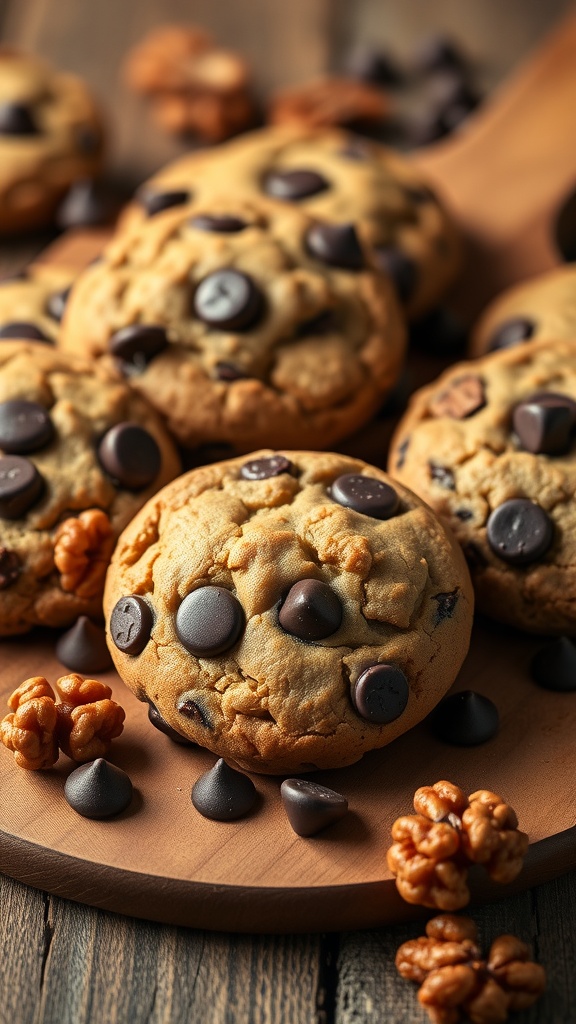 Chocolate Chip Walnut Cookies on a wooden platter