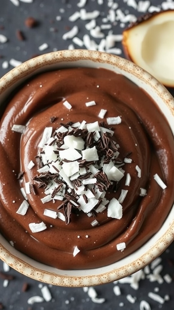 A creamy chocolate chia pudding topped with coconut flakes and chocolate shavings.