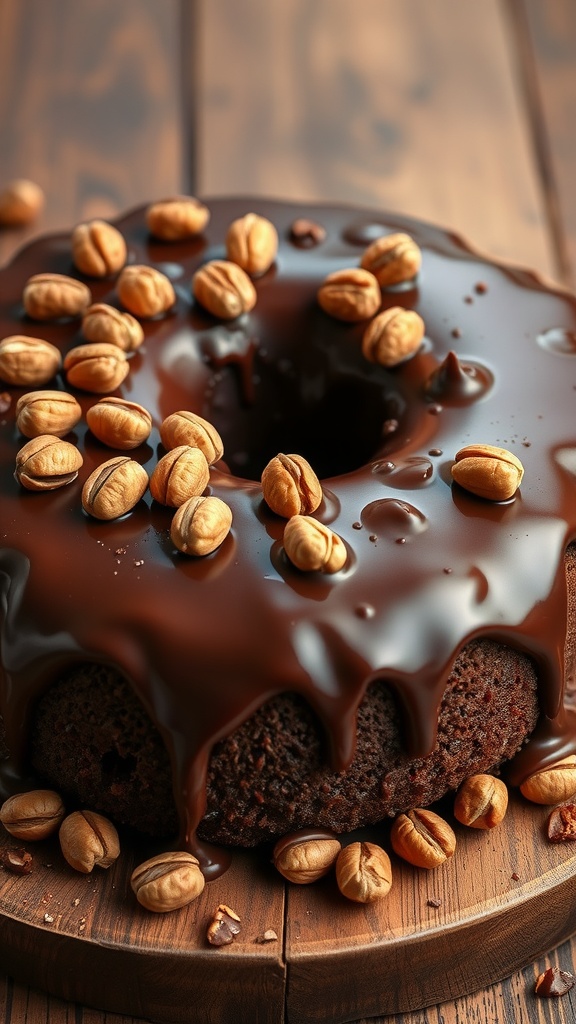 Chocolate Hazelnut Coffee Cake with chocolate glaze and hazelnut toppings.