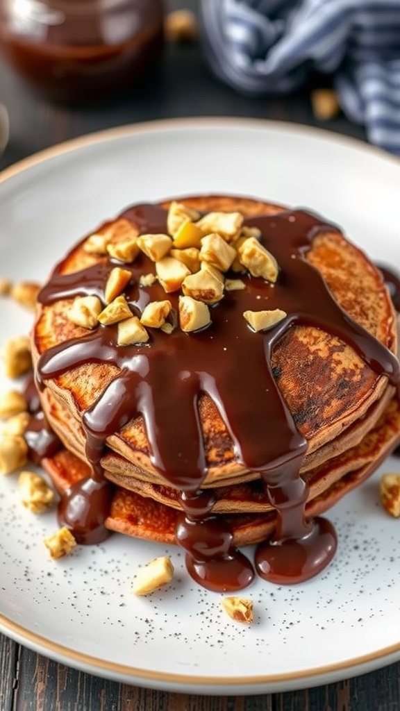 Stack of chocolate hazelnut pancakes topped with chocolate sauce and chopped hazelnuts