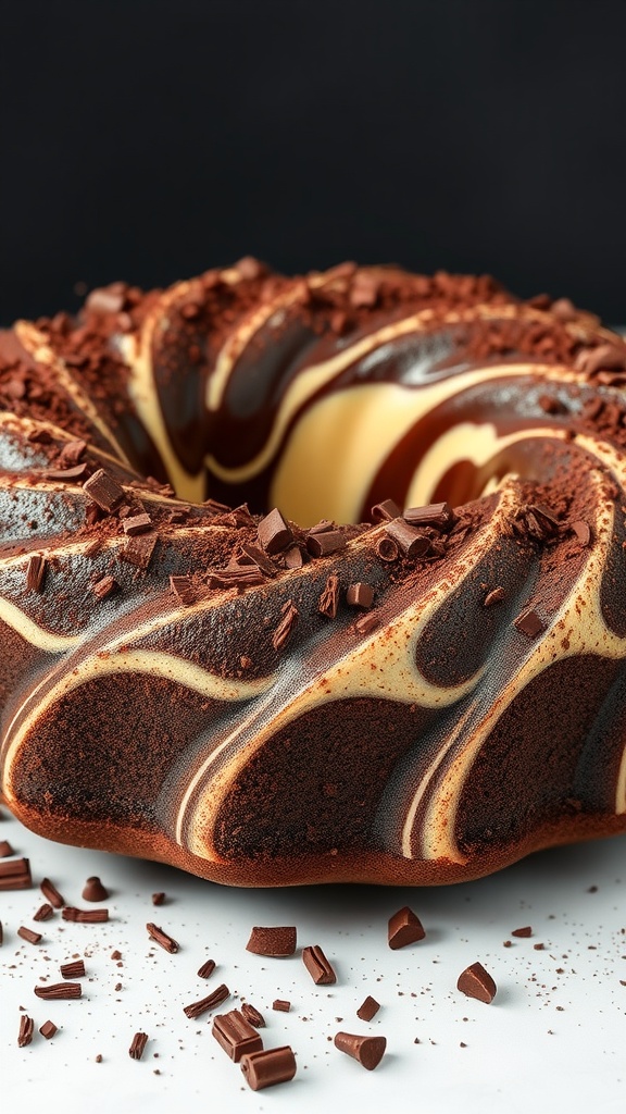 A beautifully marbled chocolate bundt cake with rich cocoa and creamy vanilla swirls, topped with chocolate shavings.