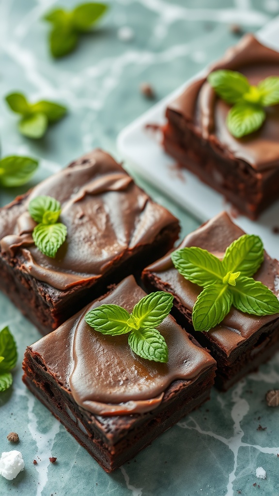 Chocolate mint brownies topped with fresh mint leaves
