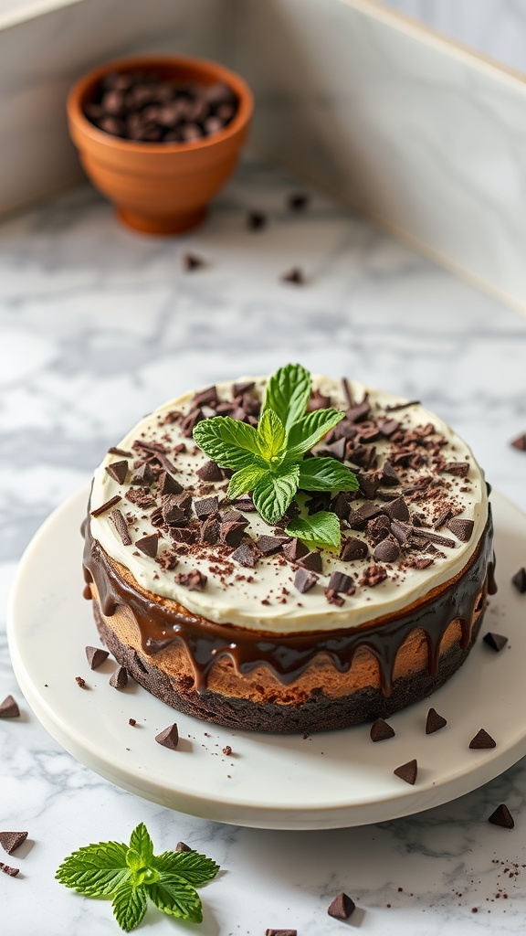 Chocolate Mint Chip Cake with mint leaves and chocolate chips on top.