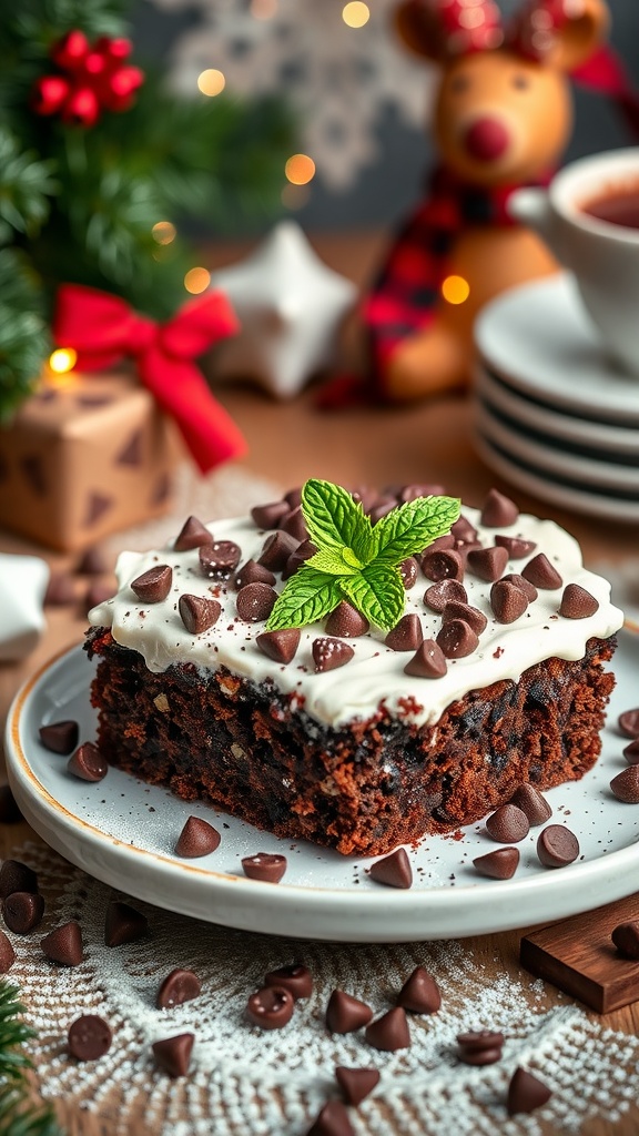 A slice of Chocolate Mint Magic dump cake topped with mint leaves and chocolate chips.
