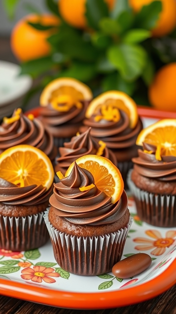 Chocolate orange cupcakes with zesty frosting and orange slices on top