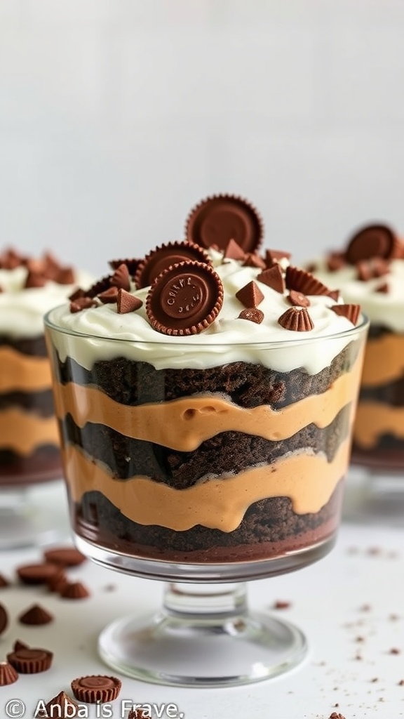 A delicious chocolate peanut butter cup trifle layered with cake, peanut butter, and whipped cream.