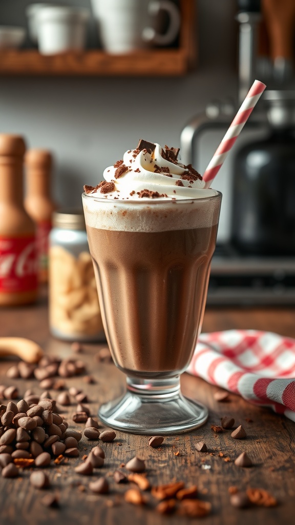 A creamy chocolate peanut butter smoothie topped with whipped cream and chocolate shavings.