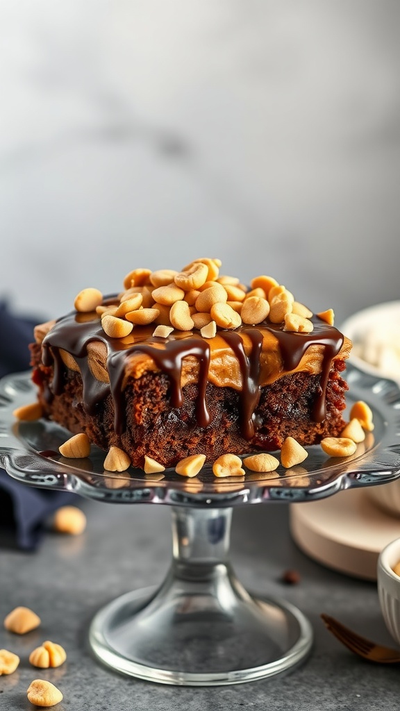 A delicious chocolate cake topped with peanut butter frosting and sprinkled with chocolate and peanut butter chips.