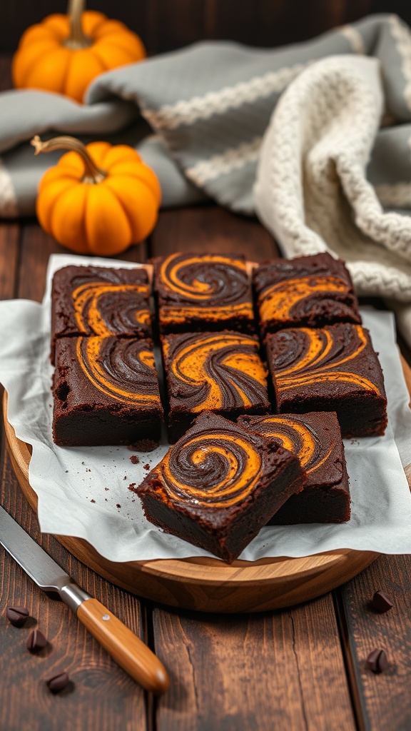 Chocolate pumpkin swirl brownies cut into squares on a wooden plate.