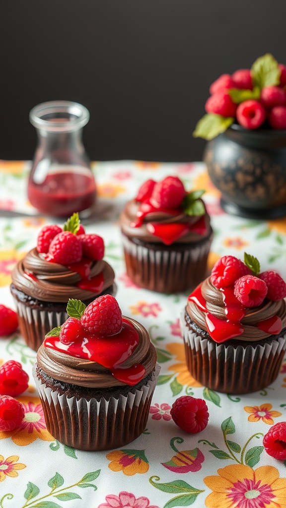 Chocolate cupcakes topped with fresh raspberries and chocolate frosting.