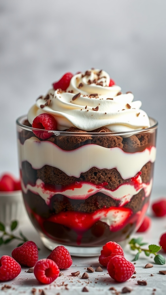 A delicious Chocolate Raspberry Delight Trifle layered with chocolate cake, raspberries, and whipped cream.