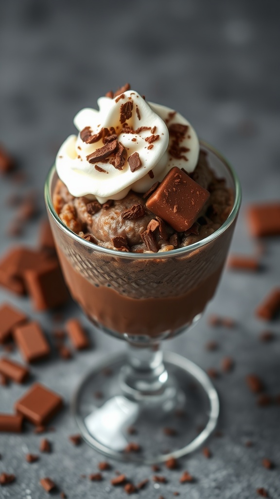 A delicious serving of chocolate rice pudding topped with whipped cream and chocolate shavings.