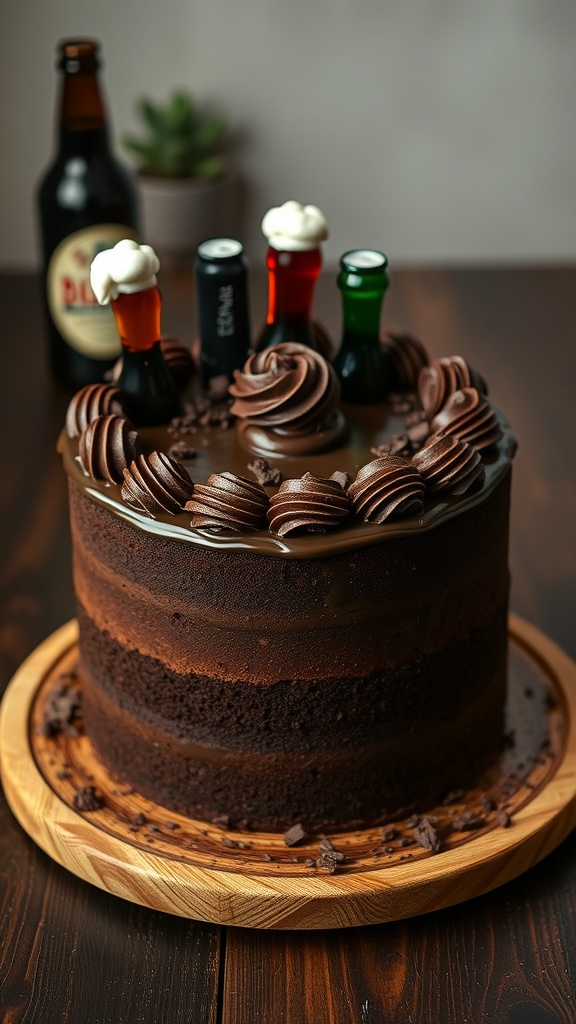 Chocolate stout cake with decorative frosting and beer bottles