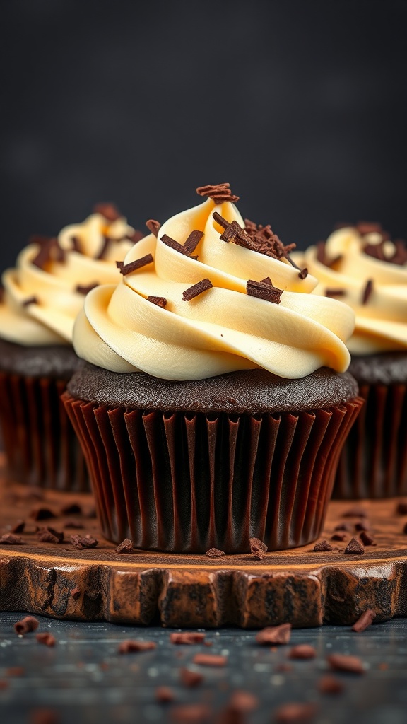Chocolate stout cupcakes with whiskey frosting, decorated with chocolate shavings.