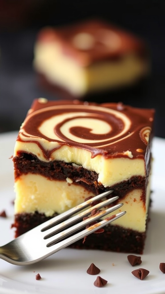 Chocolate Swirl Cheesecake Brownies with a creamy cheesecake layer and chocolate swirls.