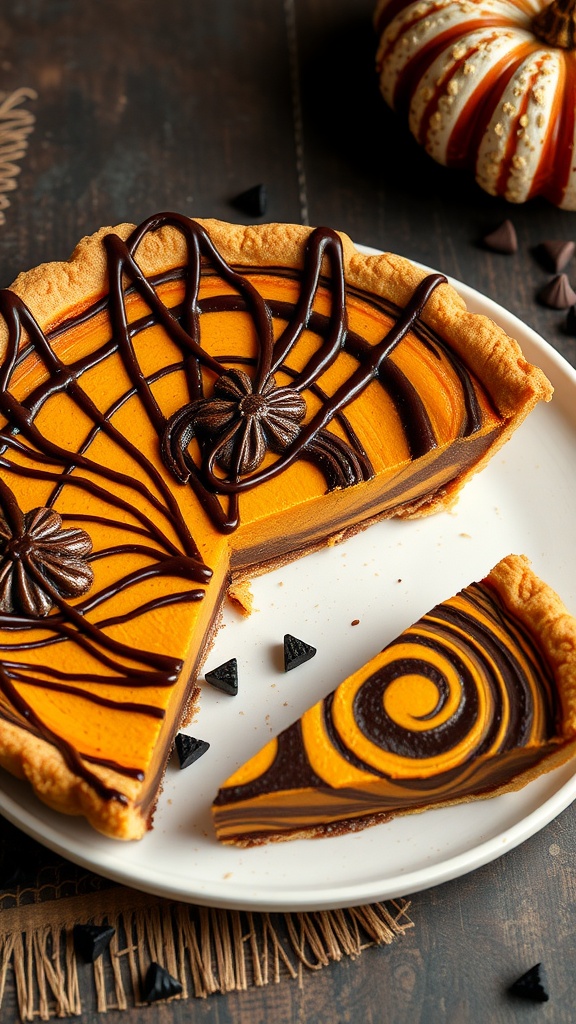 A beautifully swirled chocolate pumpkin pie, showcasing a blend of chocolate and pumpkin flavors.