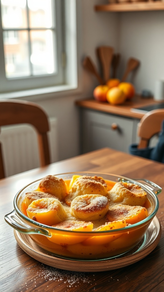 A warm and inviting peach cobbler with cinnamon and nutmeg topping.
