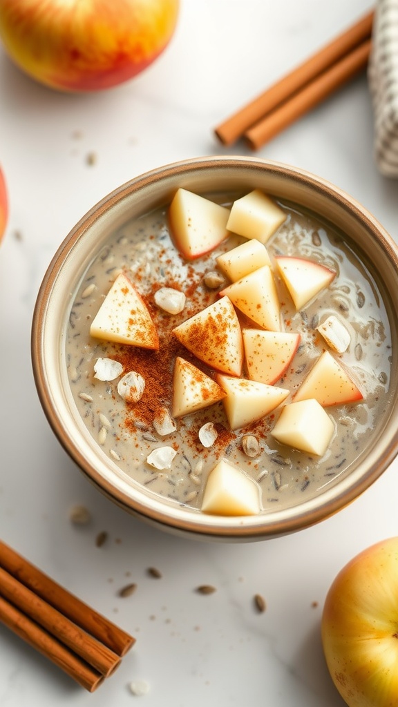 A delicious bowl of cinnamon apple chia pudding topped with diced apples and a sprinkle of cinnamon.