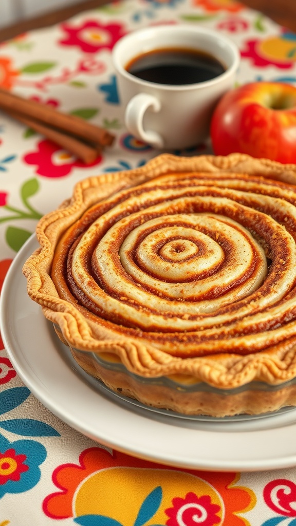 A delicious cinnamon roll apple pie with a golden crust, served with coffee and an apple.