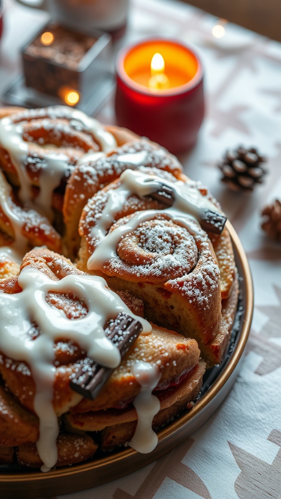 Delicious cinnamon roll bread pudding served on a festive plate, garnished with powdered sugar and a drizzle of icing.