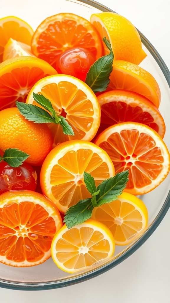 A bowl of citrus fruits with mint leaves and honey drizzle
