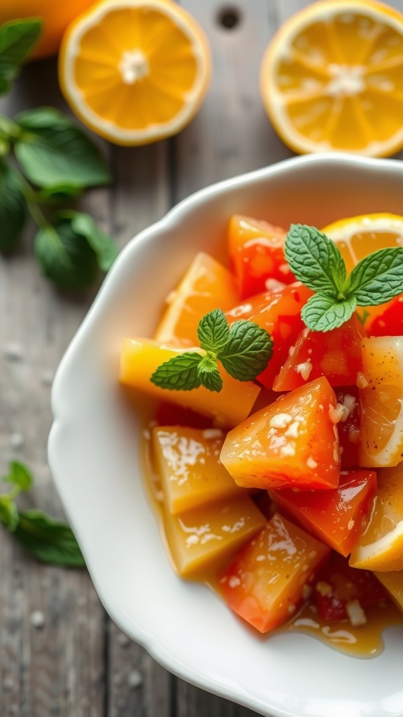 Colorful citrus fruit salad with mint leaves and honey drizzle
