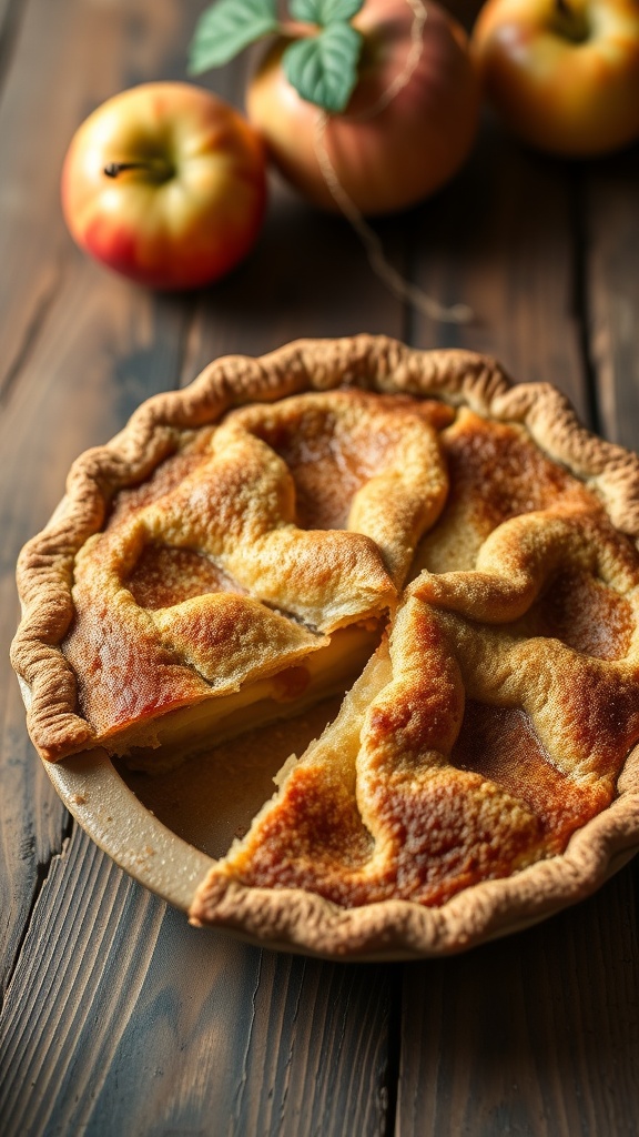 Classic apple pie with a cinnamon crust, served on a wooden table with fresh apples in the background.