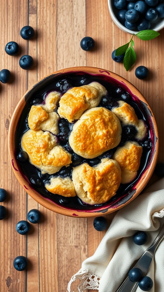 A delicious classic blueberry cobbler with a fluffy biscuit topping.