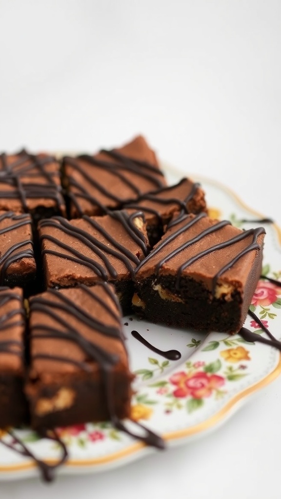 Delicious chocolate cheesecake brownies with a drizzled chocolate topping, served on a floral plate.