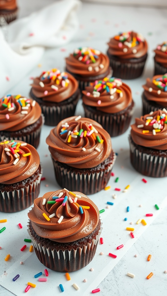 Classic chocolate cupcakes with buttercream frosting and colorful sprinkles.
