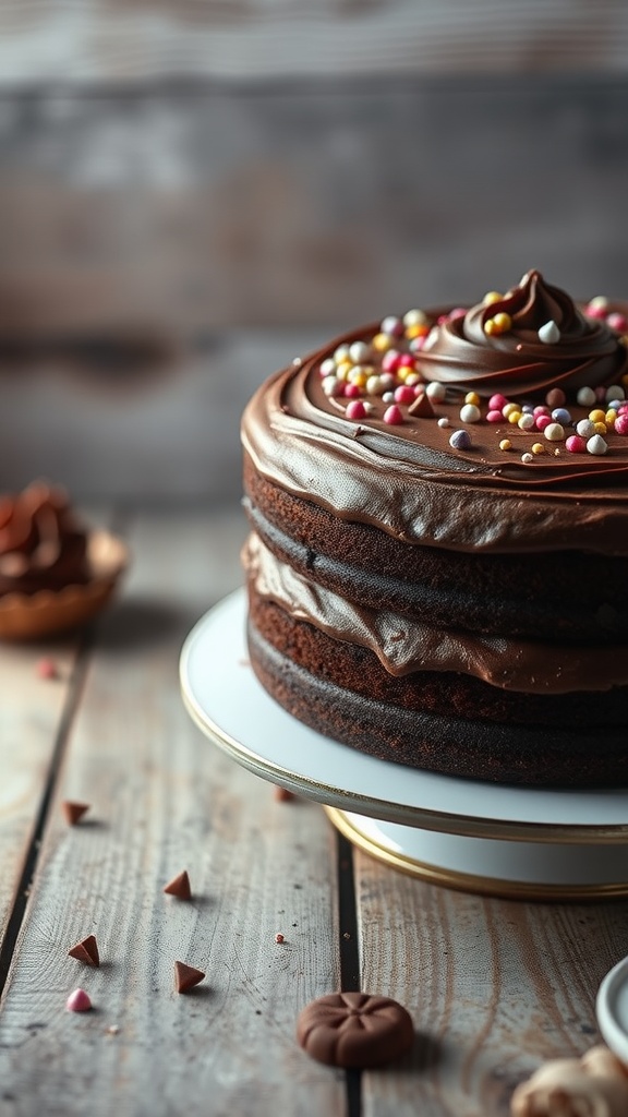 A delicious classic chocolate layer cake on a white plate.