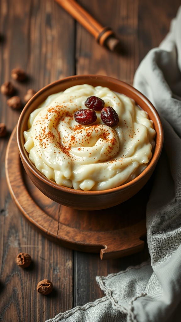 A bowl of creamy rice pudding topped with a sprinkle of cinnamon and berries.
