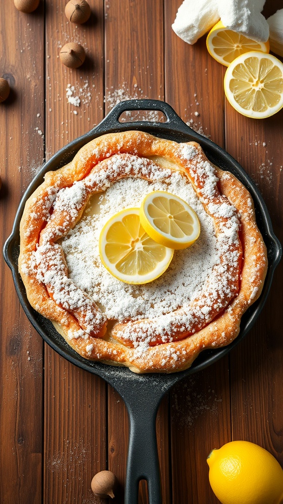 A fluffy Dutch baby pancake garnished with lemon slices and powdered sugar.