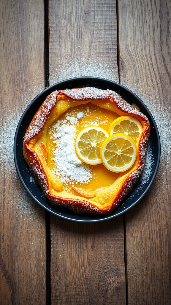 A classic Dutch baby pancake topped with lemon slices and powdered sugar