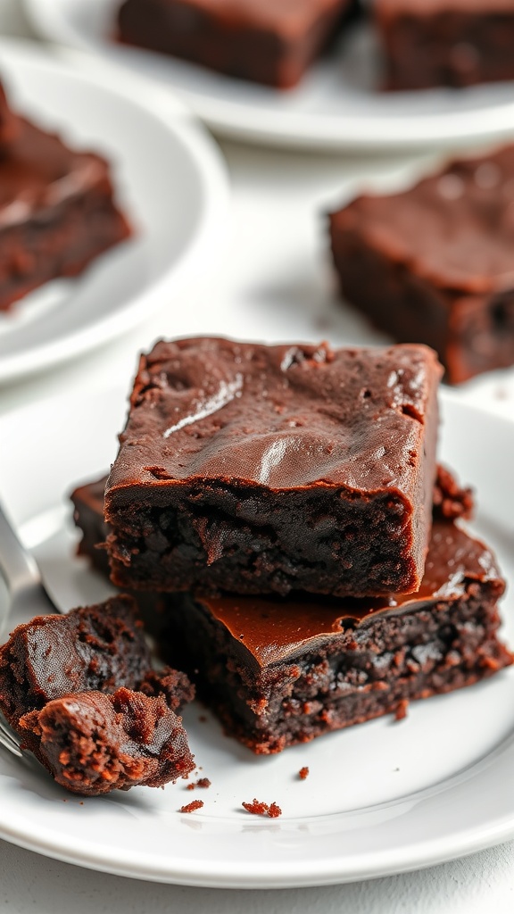 Deliciously fudgy brownies stacked on a plate
