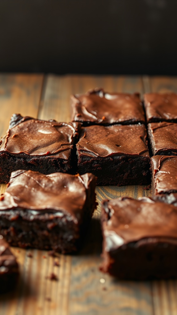 Delicious classic fudgy brownies cut into squares on a wooden surface