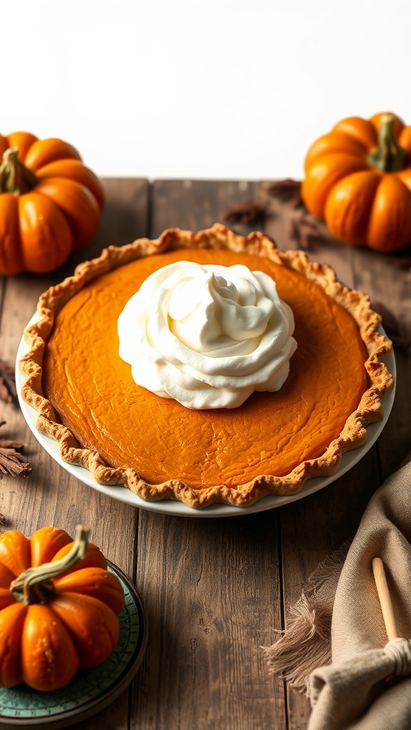 A classic homemade pumpkin pie topped with whipped cream, surrounded by decorative pumpkins.