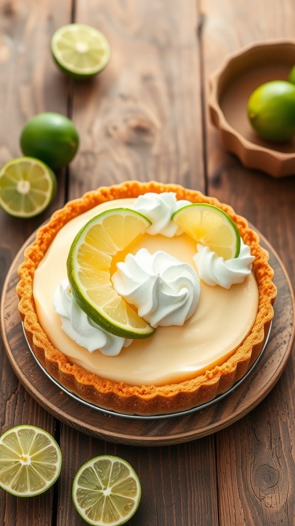 A classic key lime pie with a graham cracker crust, topped with lime slices and whipped cream.