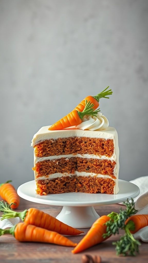 A beautifully layered classic carrot cake topped with a decorative carrot.
