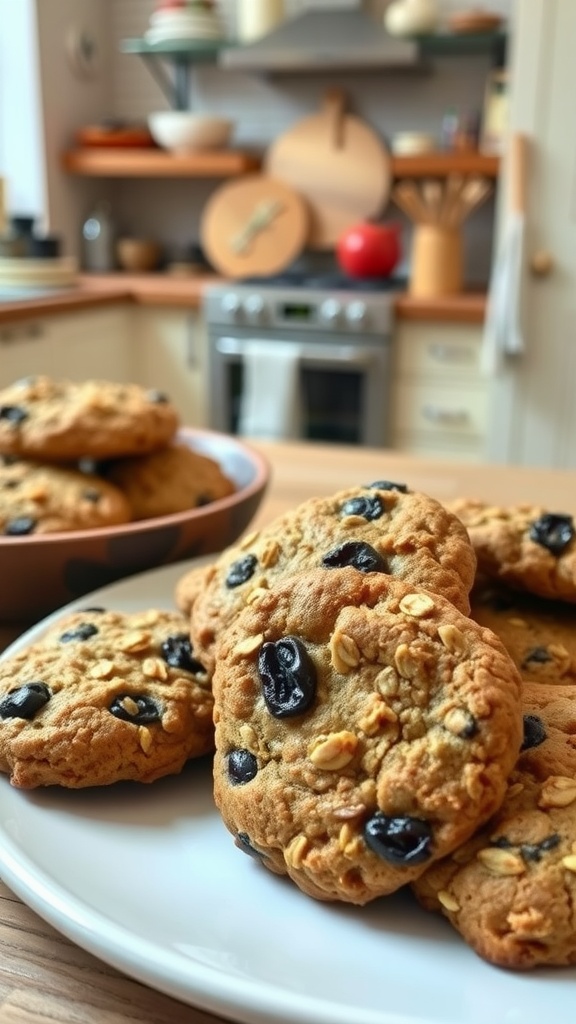 A plate of classic oatmeal raisin cookies with a cozy kitchen setting in the background.