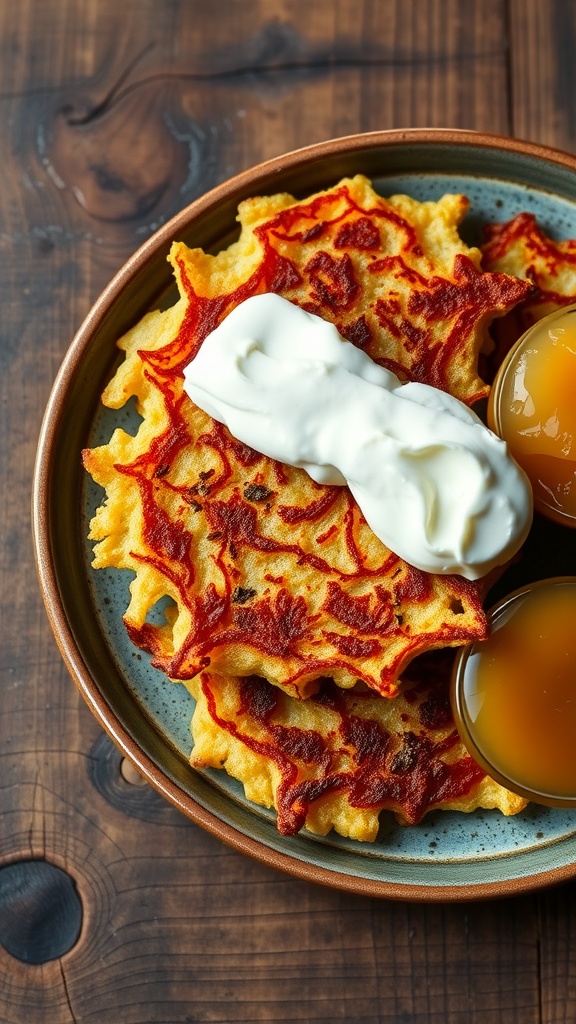 A plate of crispy potato latkes served with sour cream and applesauce.