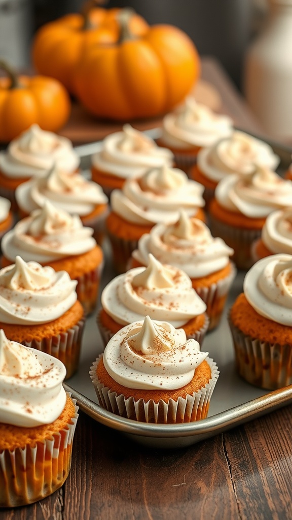 Delicious classic pumpkin cupcakes with cream cheese frosting and a sprinkle of cinnamon.
